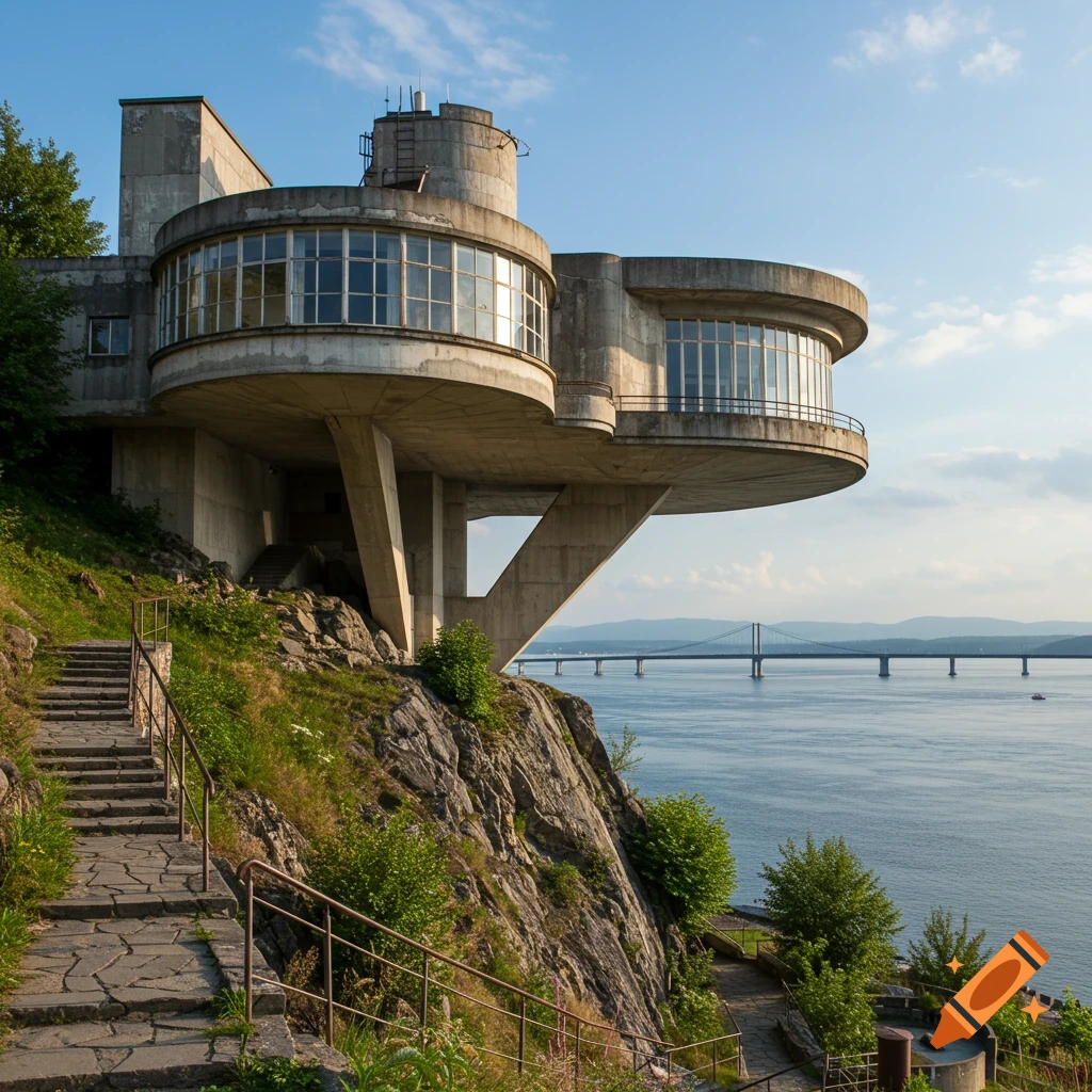 A concrete, retro-futuristic building with rounded windows cantilevered on a rocky hill overlooking water and a distant bridge.