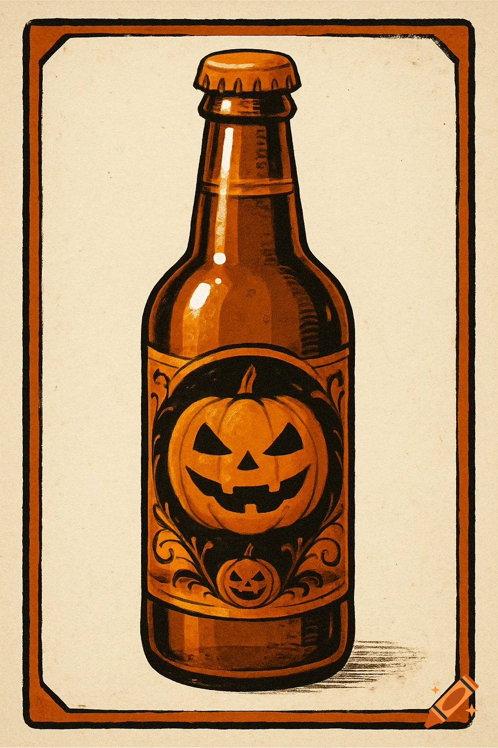 Vintage Halloween beer bottle illustration with a jack-o'-lantern label on a light background.