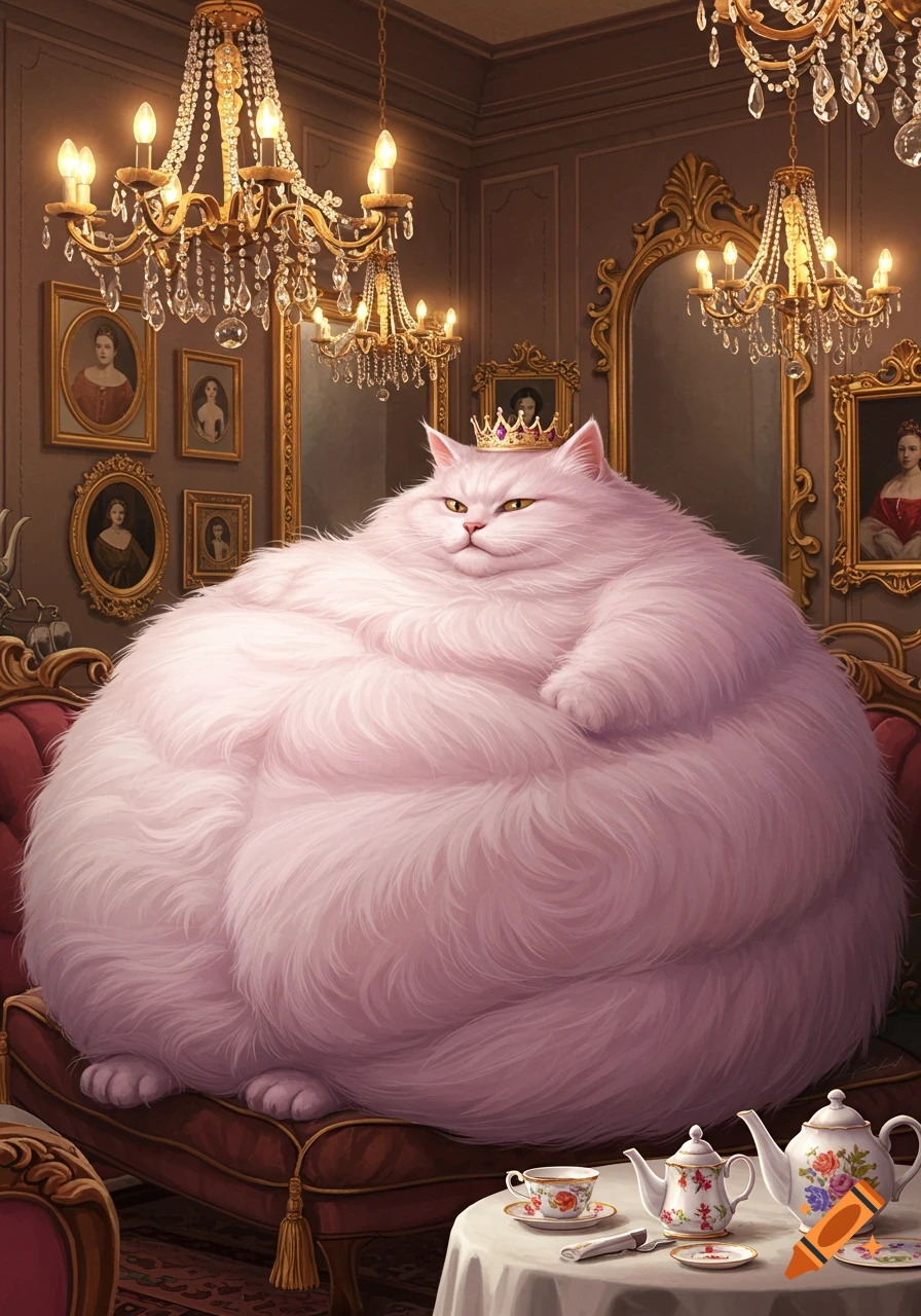An extremely fat, fluffy pink cat wearing a gold crown sits regally on a luxurious red armchair in an ornate room with chandeliers and mirrors.