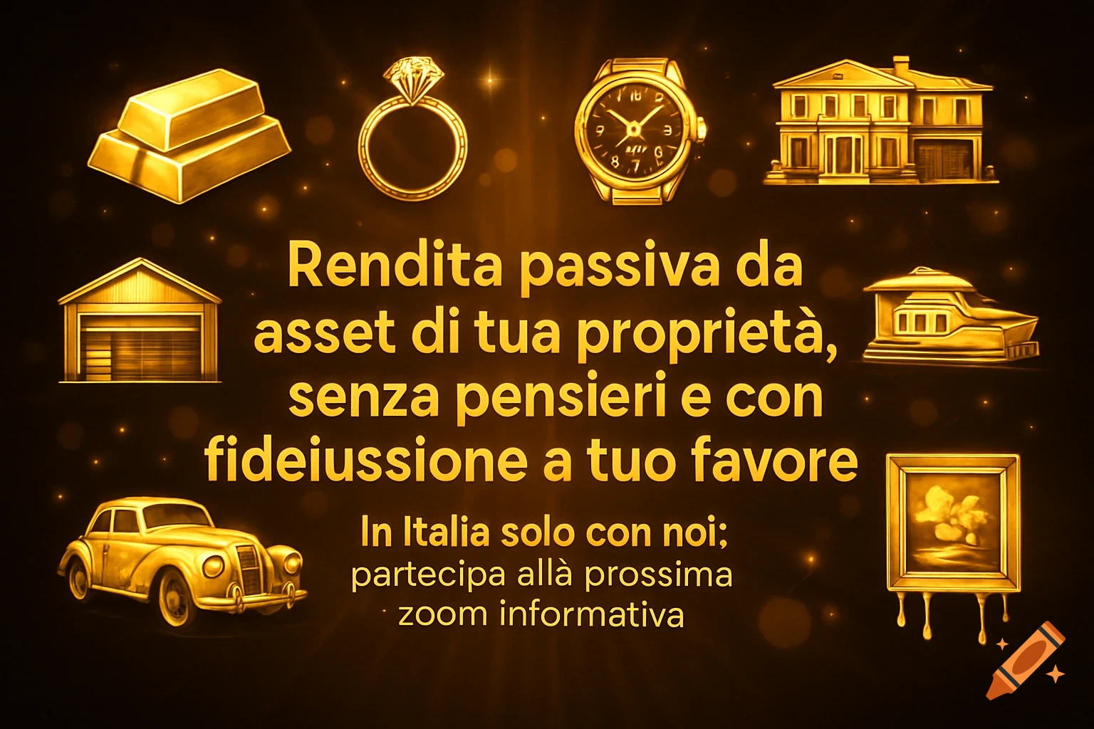 Golden icons of wealth including gold bars, a diamond ring, a luxury watch, a villa, a classic car, and a garage, surrounding Italian text about passive income.