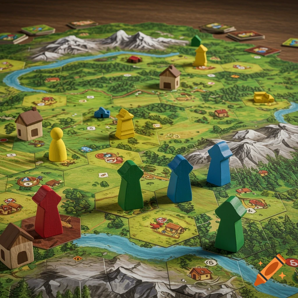 A Catan-style board game with hexagonal terrain tiles, wooden houses, and colorful meeples on a wooden table.