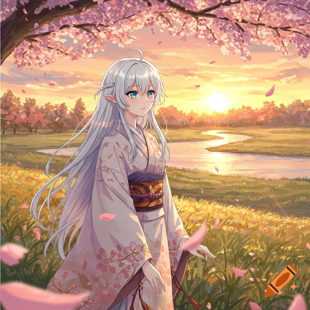 Anime girl with long white hair and elf ears, wearing a floral kimono, stands by a river under cherry blossoms at sunset.