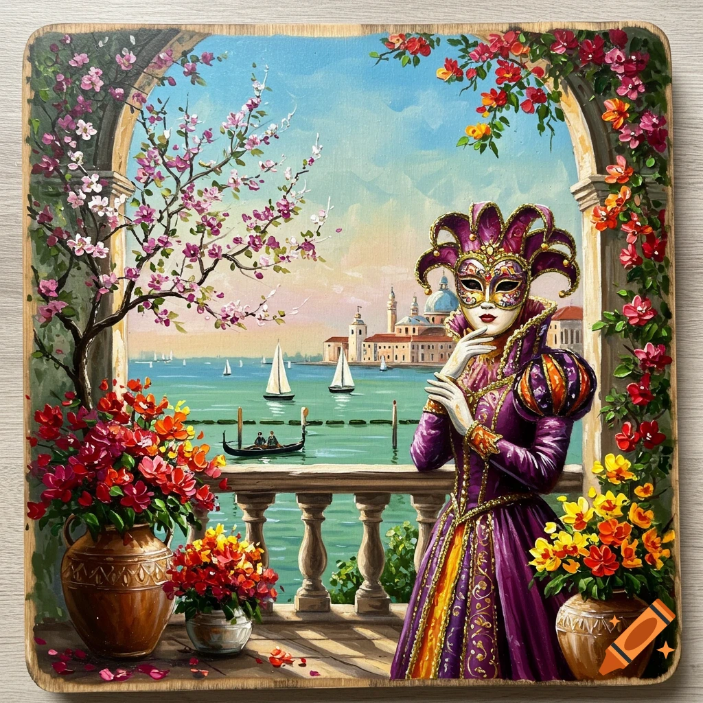 A vibrant painting of a woman in a colorful Venetian mask and costume on a balcony overlooking the Grand Canal in Venice, surrounded by flowering plants.