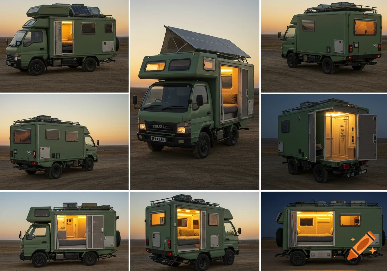 A series of photorealistic views of an olive-green camper van, featuring its exterior from multiple angles, and interior details like a bed, kitchen, and bathroom. Solar panels are on the roof.