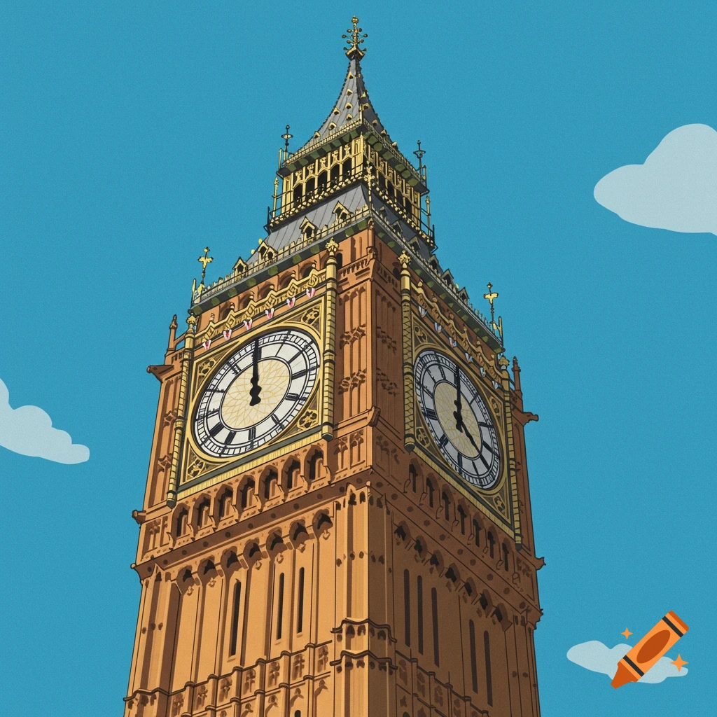 Minimalist cartoon Big Ben clock tower against a bright blue sky with simple white clouds.