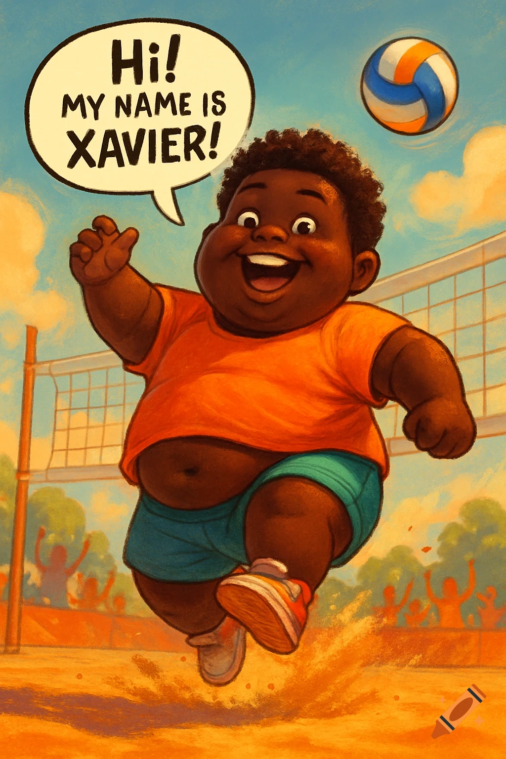 Cartoon of a cheerful, chubby Black boy with an afro playing volleyball, saying "Hi! My name is Xavier!" in a speech bubble.