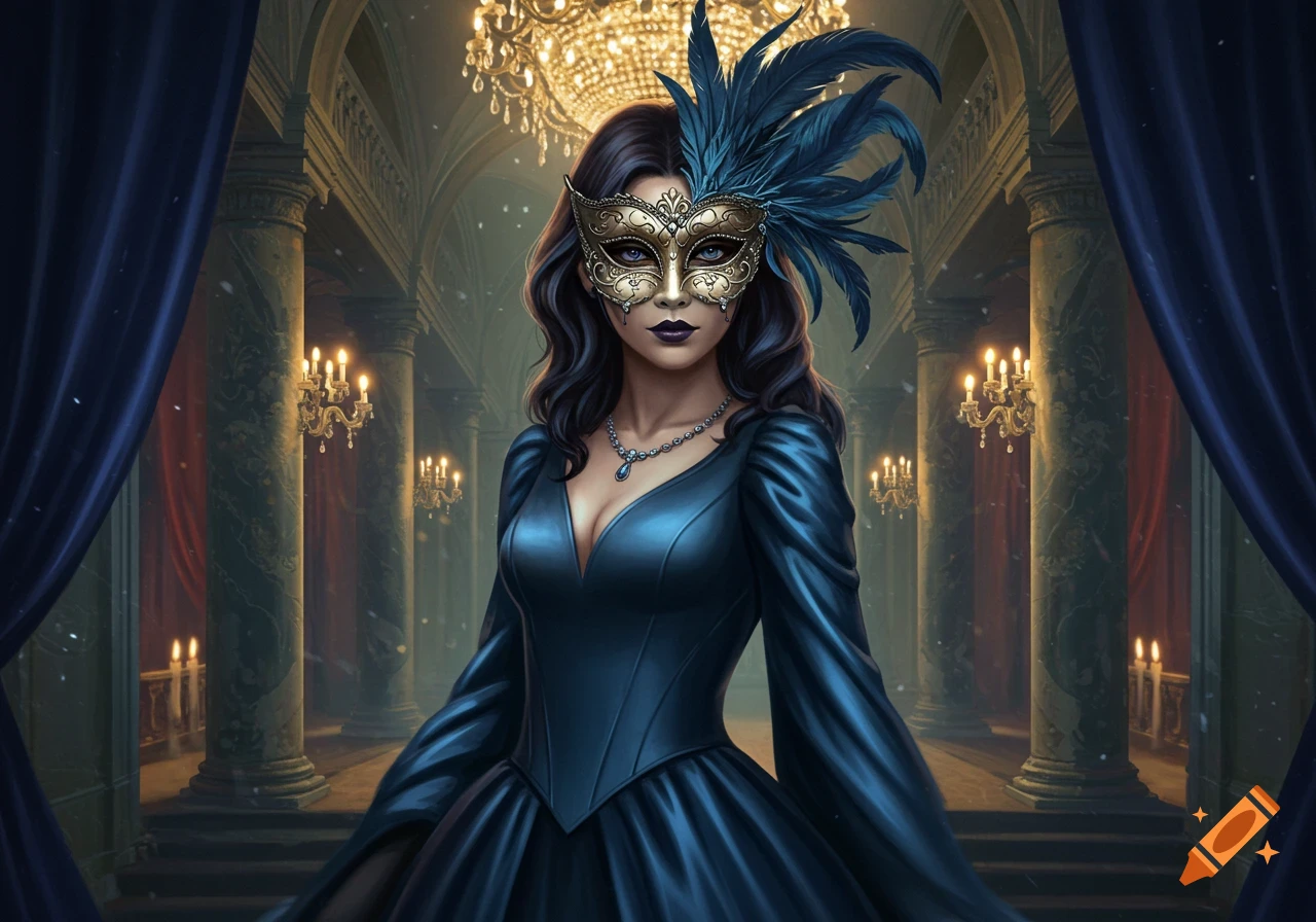A woman in a gold and blue feathered mask and a dark blue dress stands in a grand hall with chandeliers and pillars, photorealistic.