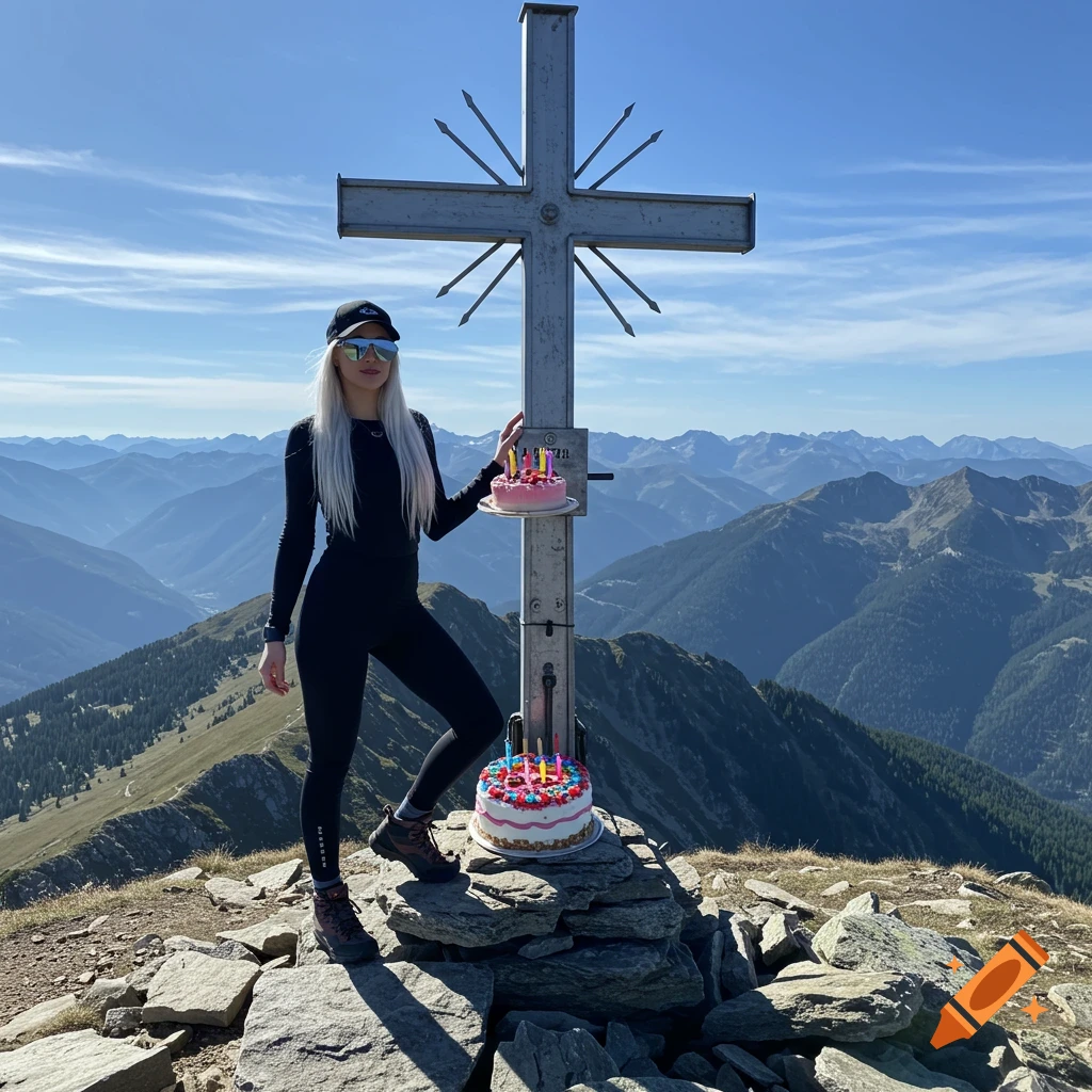 A woman with blonde hair, sunglasses, and a cap stands next to a summit cross on a mountain peak, holding a small birthday cake. Another cake is on rocks at her feet, with mountains in the background.