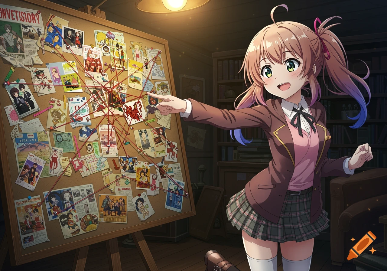 An anime girl in a school uniform points at a detailed, pin-covered conspiracy board connected with red strings in a dim room.