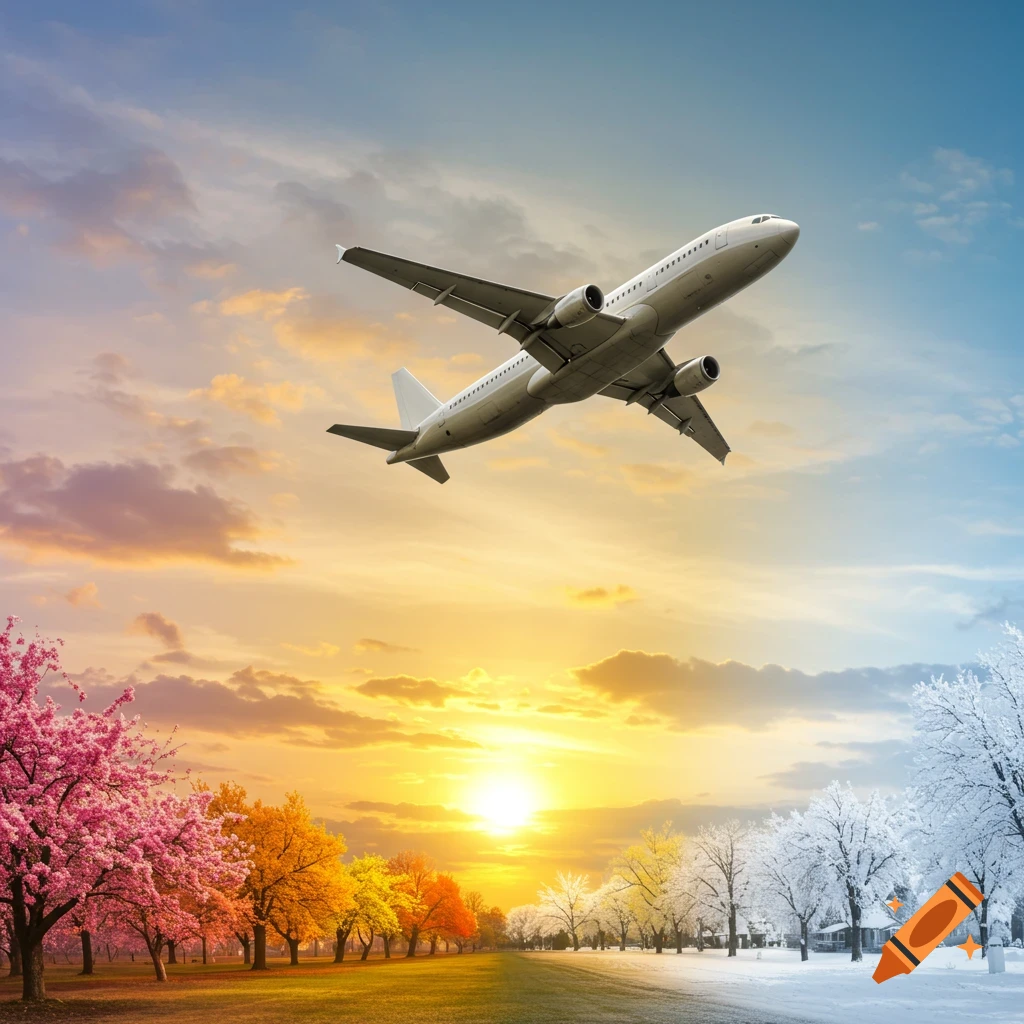 A white airplane flies above a landscape transitioning through spring, autumn, and winter under a vibrant sunset sky.