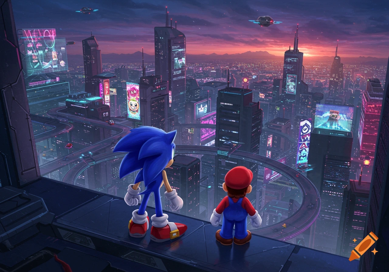 Sonic and Mario overlook a vibrant, futuristic cityscape at sunset, with neon signs and flying vehicles.