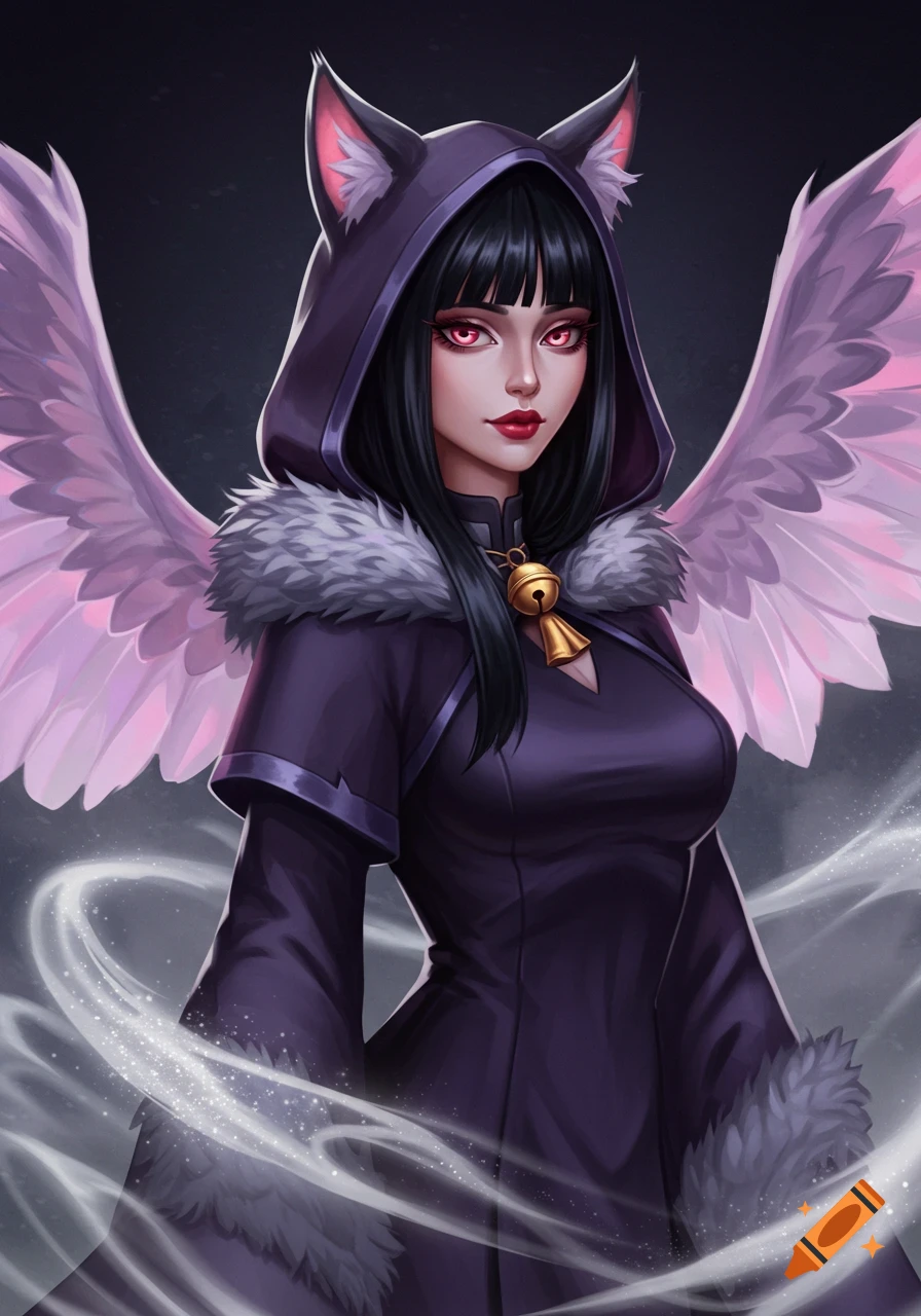 A fantasy portrait of a girl with cat ears, red eyes, and pink wings, wearing a purple hooded dress with fur trim, against a misty background.