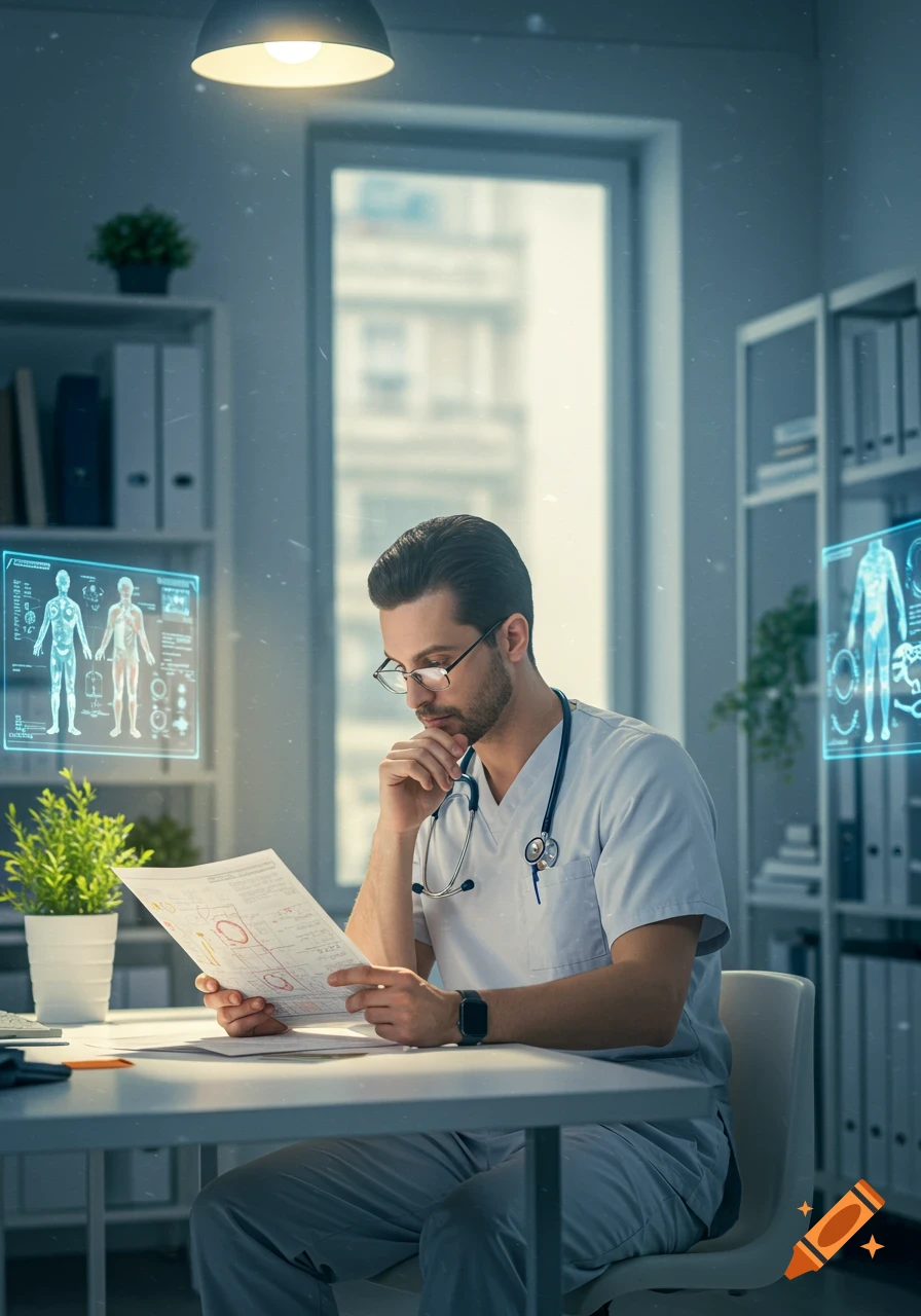 A male physician in scrubs and glasses sits at a desk, examining a document, with glowing holographic human anatomy displays behind him.