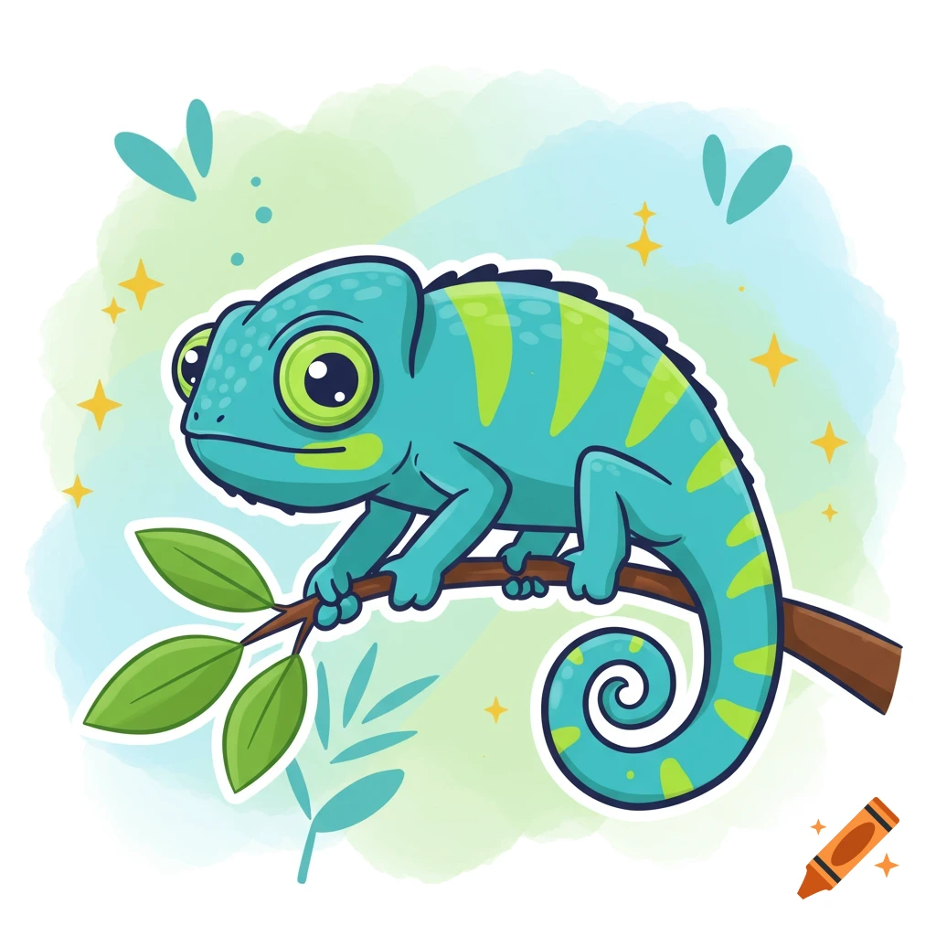 A cute blue and green cartoon chameleon with big eyes sits on a branch with leaves, against a soft watercolor background with stars.