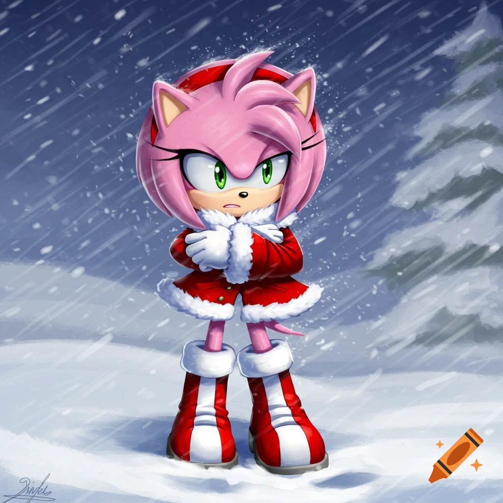 Cartoon Amy Rose in a red winter coat, hugging herself and shivering in a snowy blizzard.