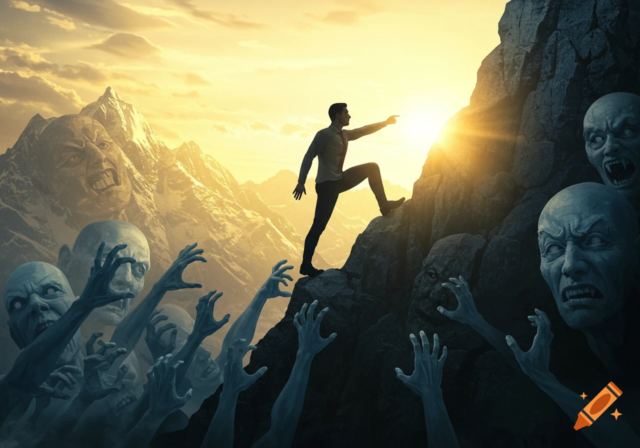 Man climbs sunlit mountain peak, escaping grasping hands and grotesque faces of malice from dark rocks below. Dramatic realism.
