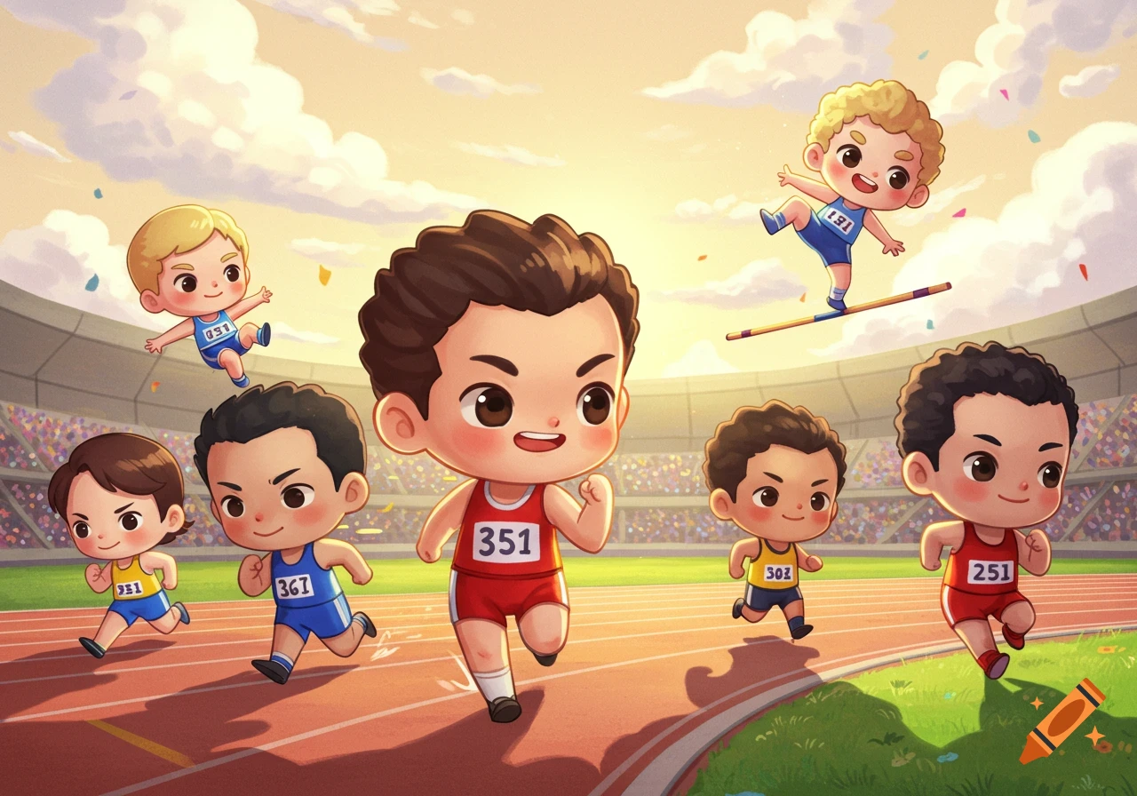 Chibi-style cartoon of child athletes running on a track and pole vaulting in a stadium.