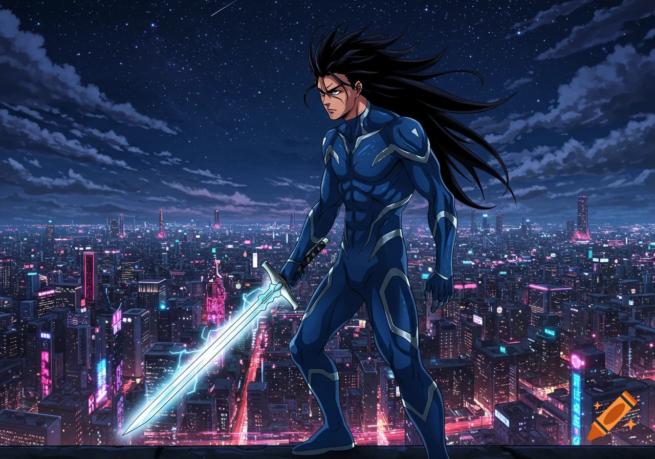 An anime superhero in a blue suit with long black hair holds a glowing sword on a rooftop overlooking a neon-lit futuristic city at night.