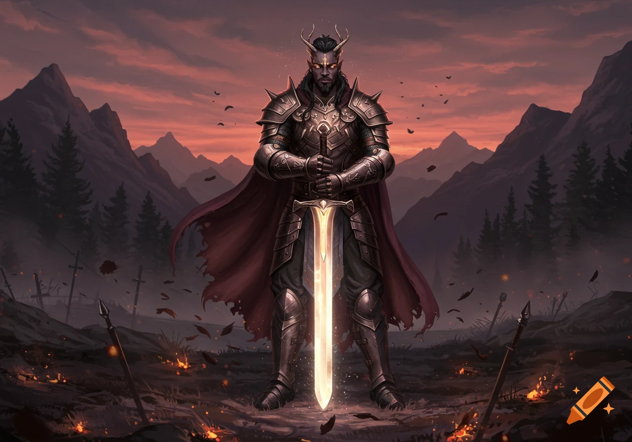 A horned warrior in ornate dark armor with a red cape stands holding a glowing sword in a desolate, mountainous landscape at dusk.
