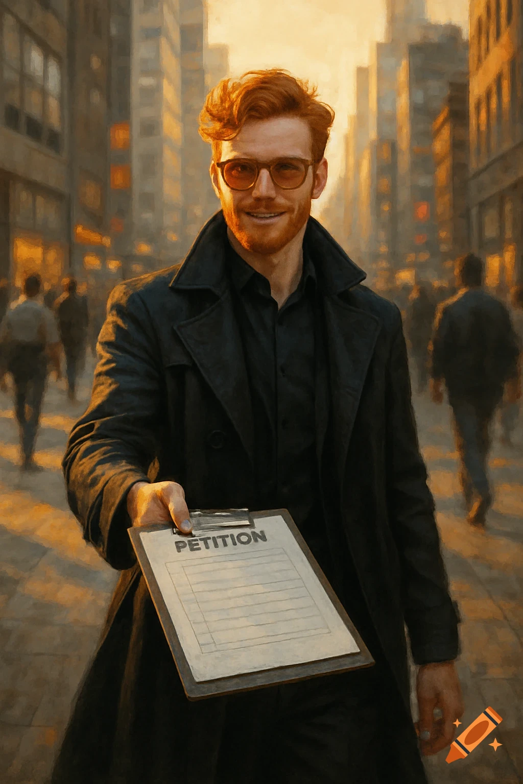 A man with red hair and sunglasses in a trench coat smiles, holding a clipboard with 'PETITION' on it in a sunny city street.