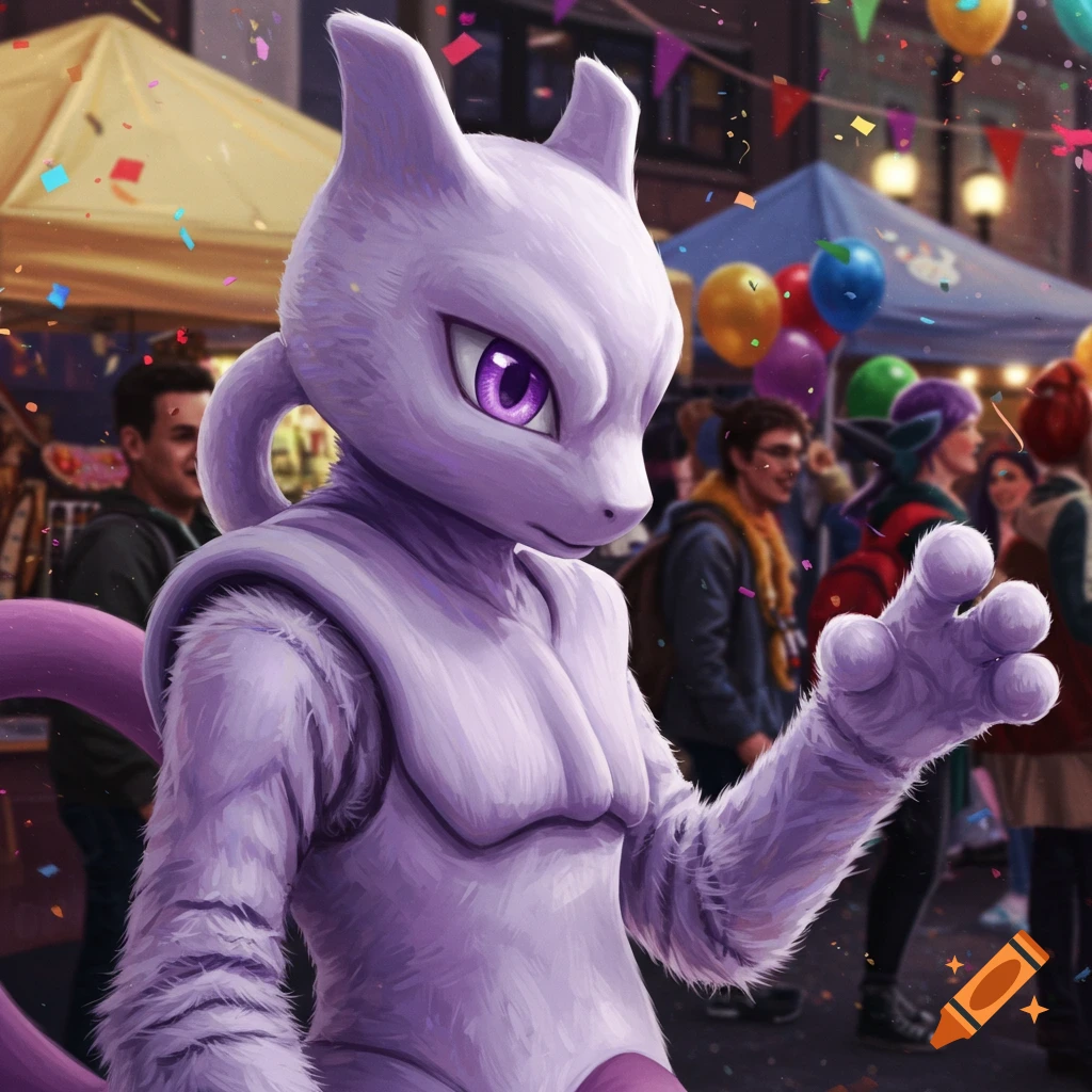 A purple Mewtwo in a furry suit stands at a bustling outdoor festival with confetti and balloons.