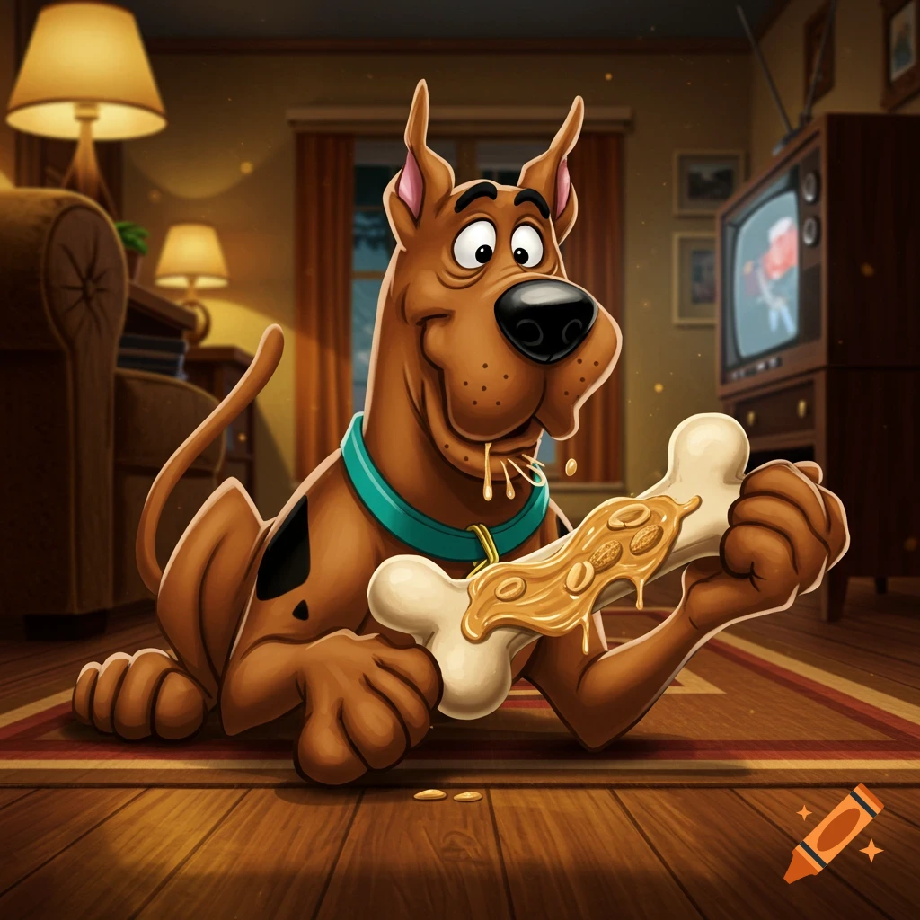 Scooby-Doo excitedly eating peanut butter from a bone in a cozy living room, cartoon style.