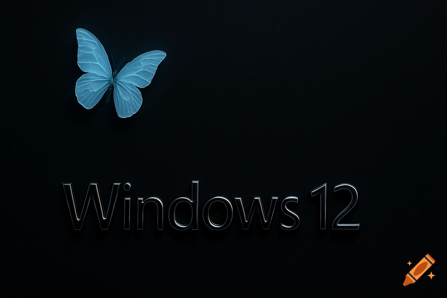 A minimalist dark desktop wallpaper with a glowing blue butterfly in the upper left and shiny 3D text 'Windows 12' at the bottom.
