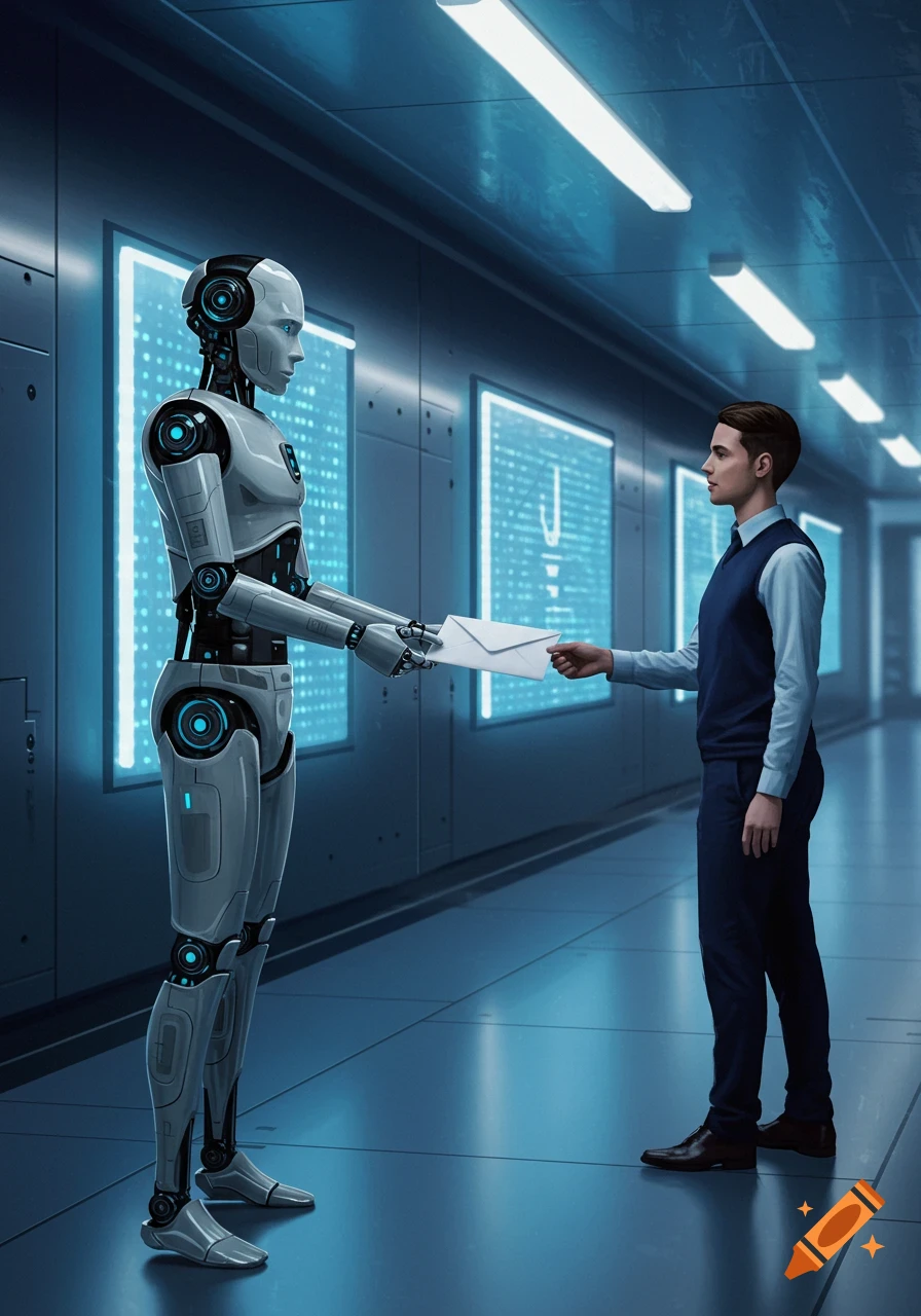 A robot in a sleek white and black design hands a white envelope to a man in a blue vest and white shirt, in a futuristic corridor with glowing blue screens.