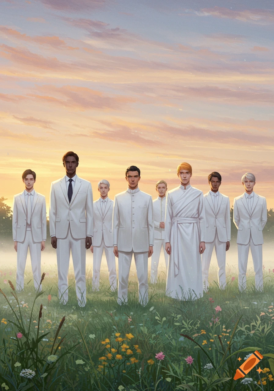 A diverse group of men in white suits and robes stand in a vibrant field with flowers under a soft sunrise sky. Digital art.