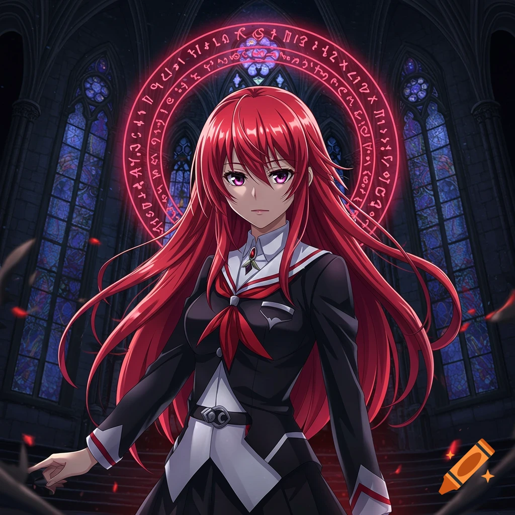 A red-haired anime girl in a dark school uniform stands in a gothic cathedral with a glowing red magic circle behind her.