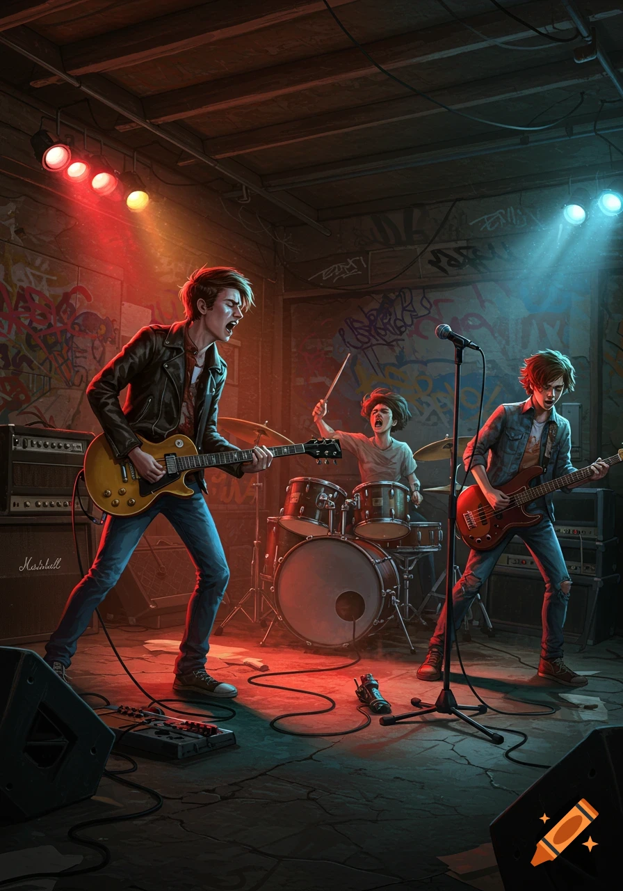 Three young men play electric guitars and drums on a dimly lit stage with graffiti-covered walls, performing in a grunge art style.