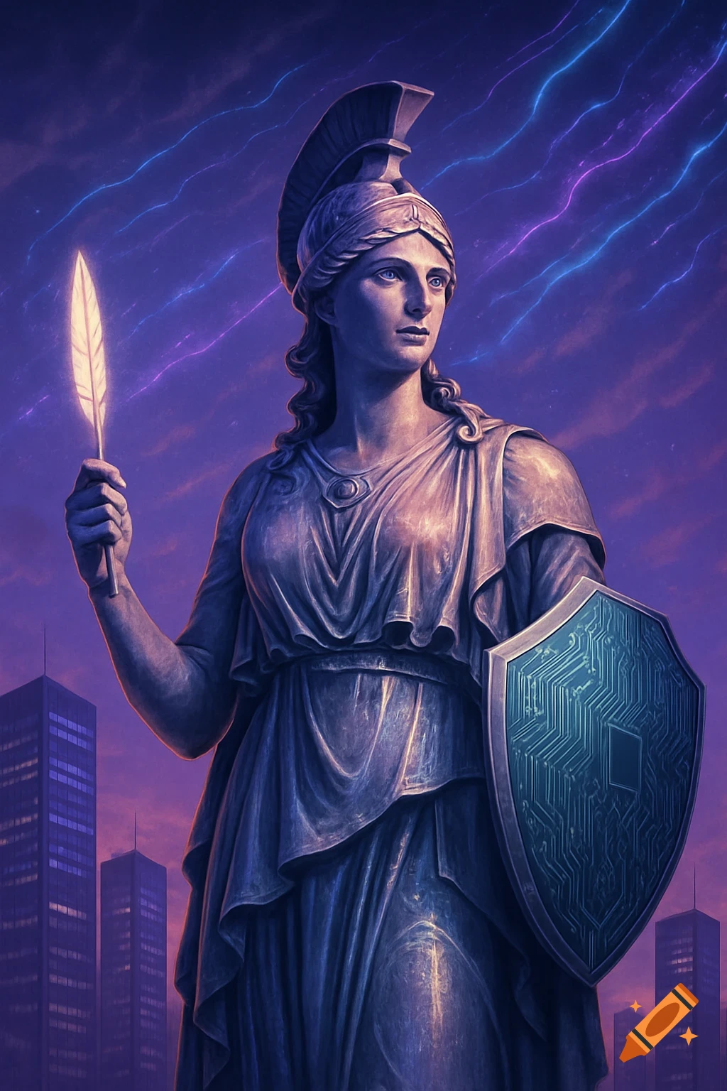A statue of Athena with a glowing feather and circuit board shield stands before a futuristic cityscape under a purple sky.