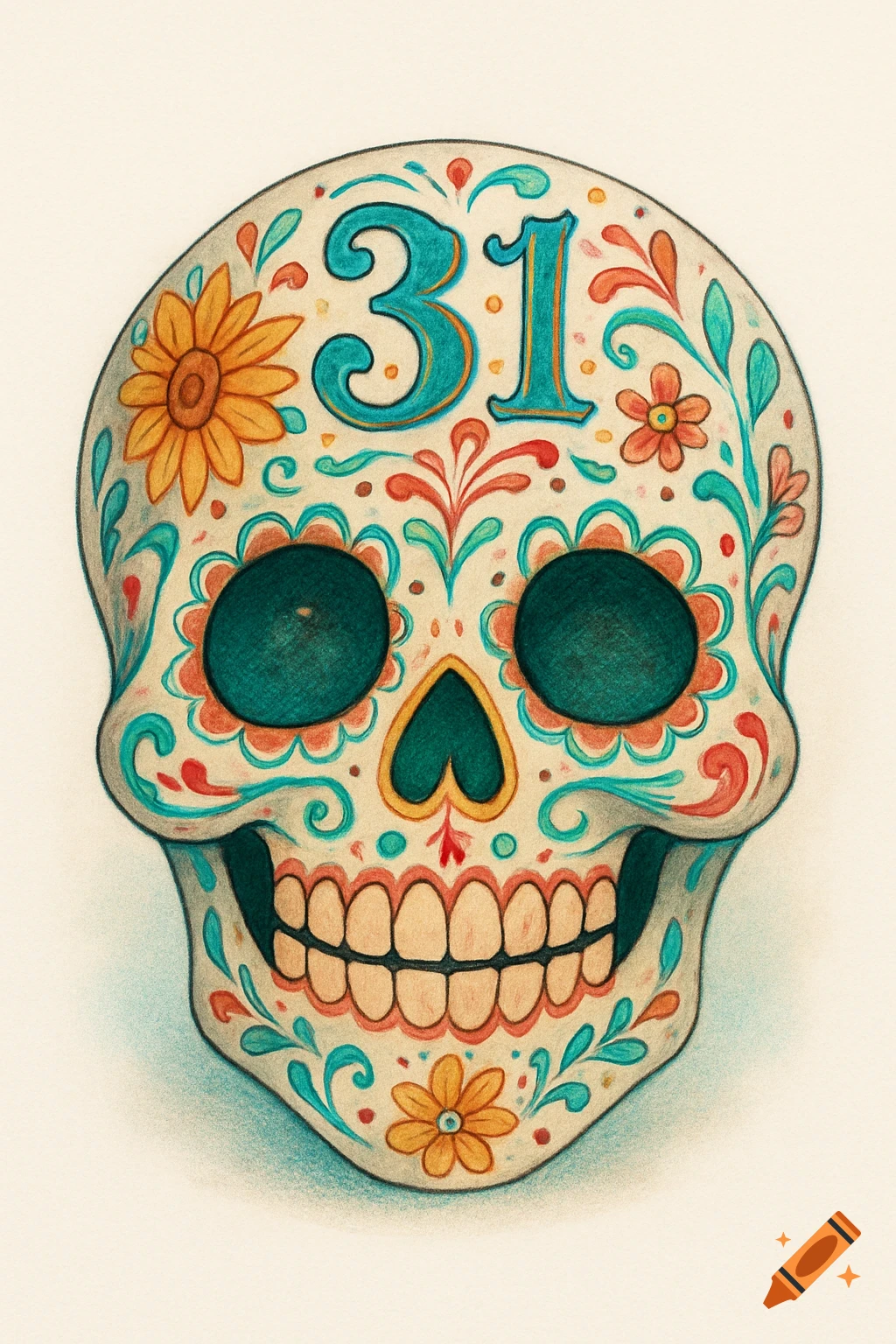 A colorful, decorative sugar skull with flowers and the number 31 on its forehead, in a vibrant, artistic style.