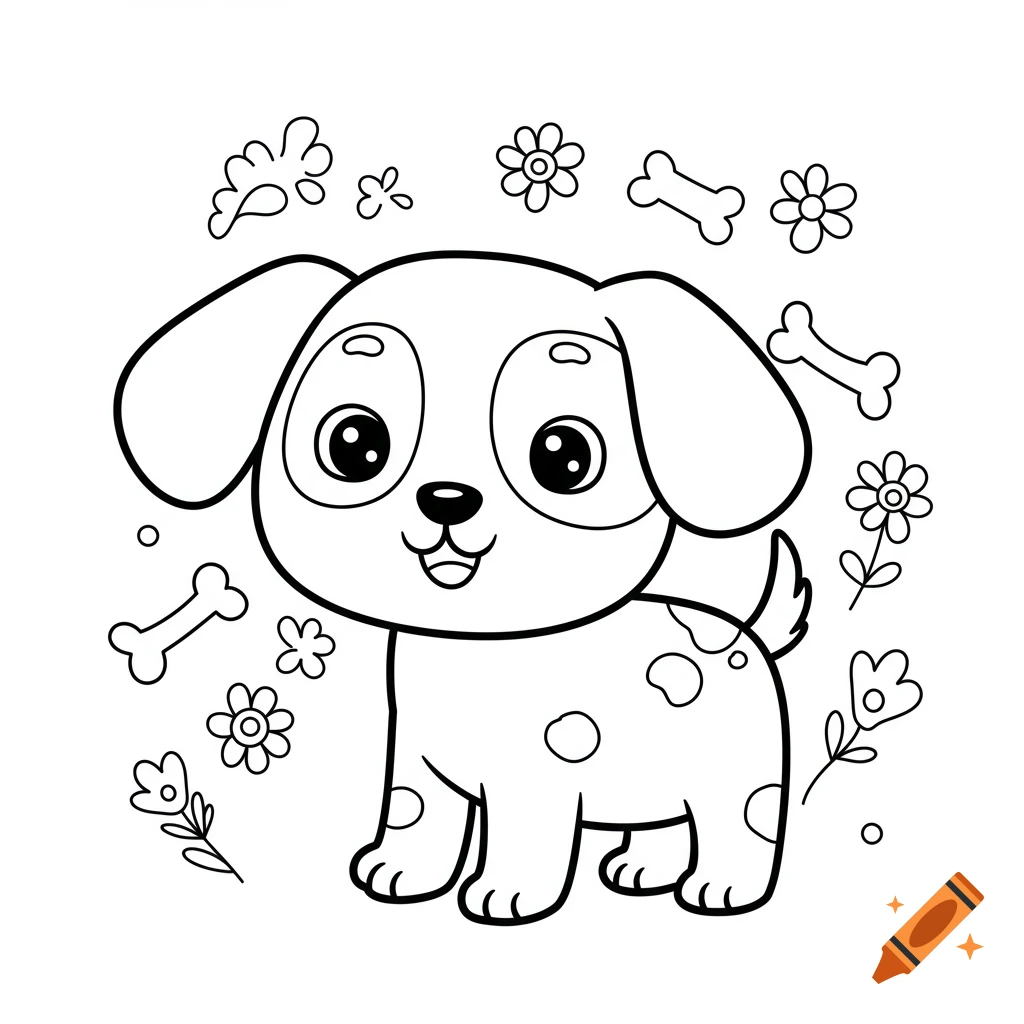 A black and white line art coloring page featuring a cute cartoon dog with spots, surrounded by stylized flowers and bones.