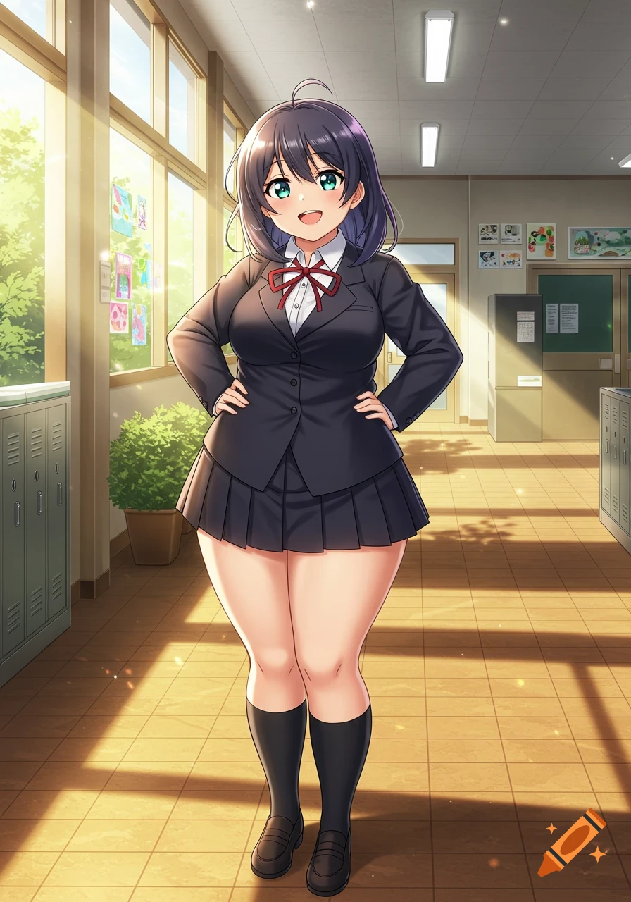 An anime girl with black hair and green eyes, wearing a dark school uniform, stands smiling in a sunny school hallway.
