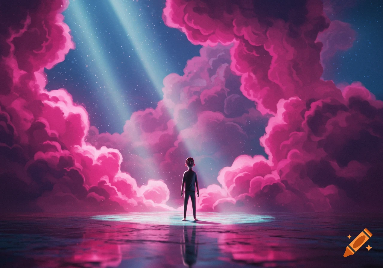 A small figure stands in a spotlight on a reflective surface, looking up at a sky filled with vibrant pink clouds and light rays.
