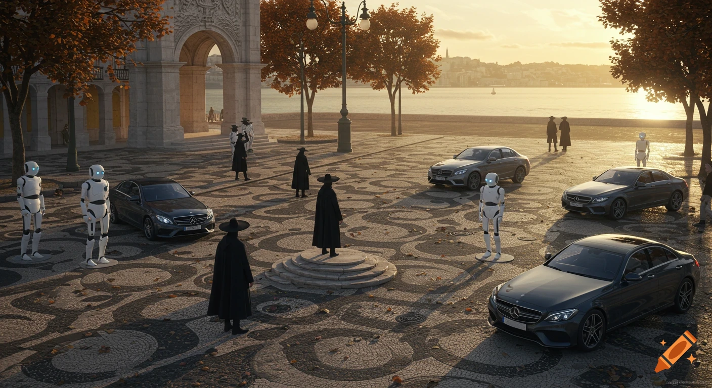 Hyper-realistic view of Lisbon's Praça do Comércio at sunset, with robots, cloaked figures, and Mercedes cars on a mosaic-paved square.
