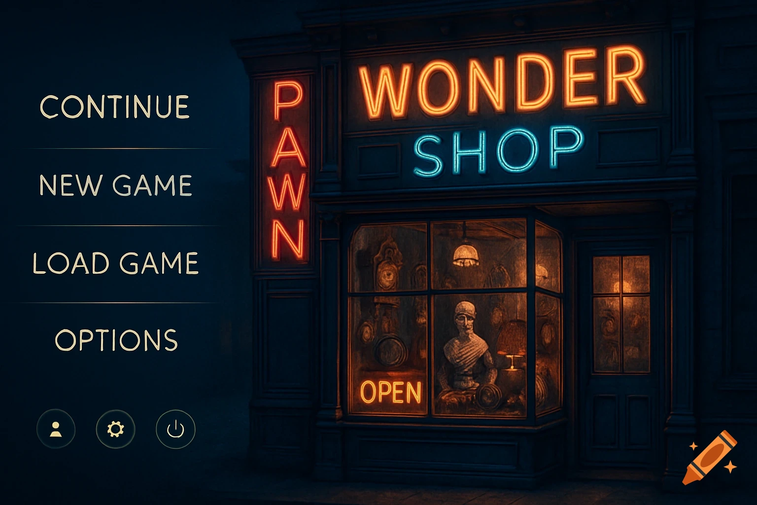A dark, stylized video game start menu with options 'Continue', 'New Game', 'Load Game', 'Options' next to a neon-lit 'Wonder Shop' pawn shop.