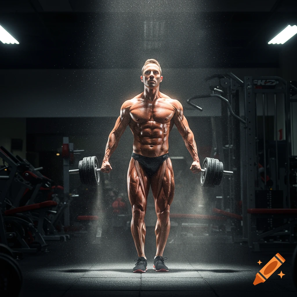 A highly muscular bodybuilder in a speedo stands in a dark gym, holding barbells under a spotlight, with dust particles visible.