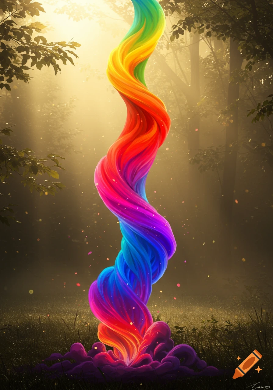 A vibrant, rainbow-colored, swirling energy column rises from the forest floor into a misty, sunlit forest.