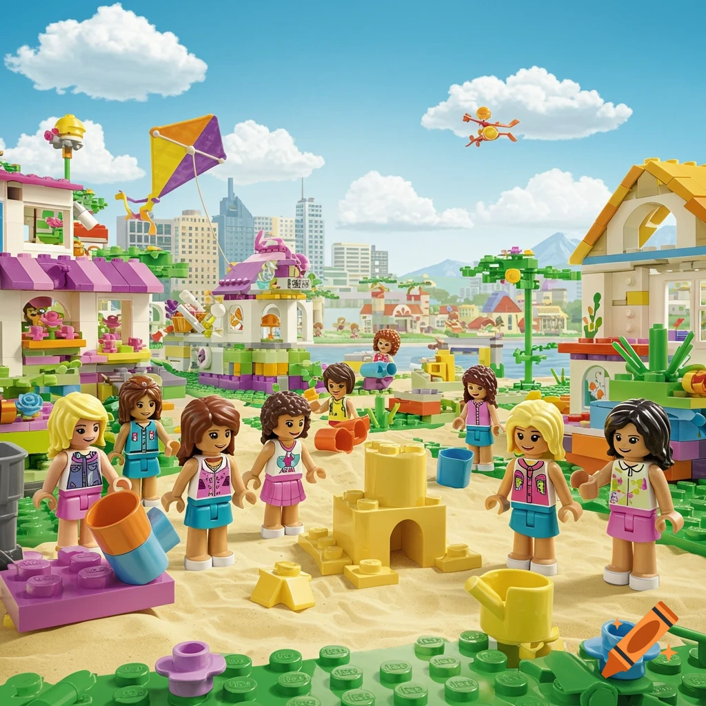 Lego Friends minifigures play on a sandy beach with a sandcastle and colorful houses, a city skyline in the background, 3D render.