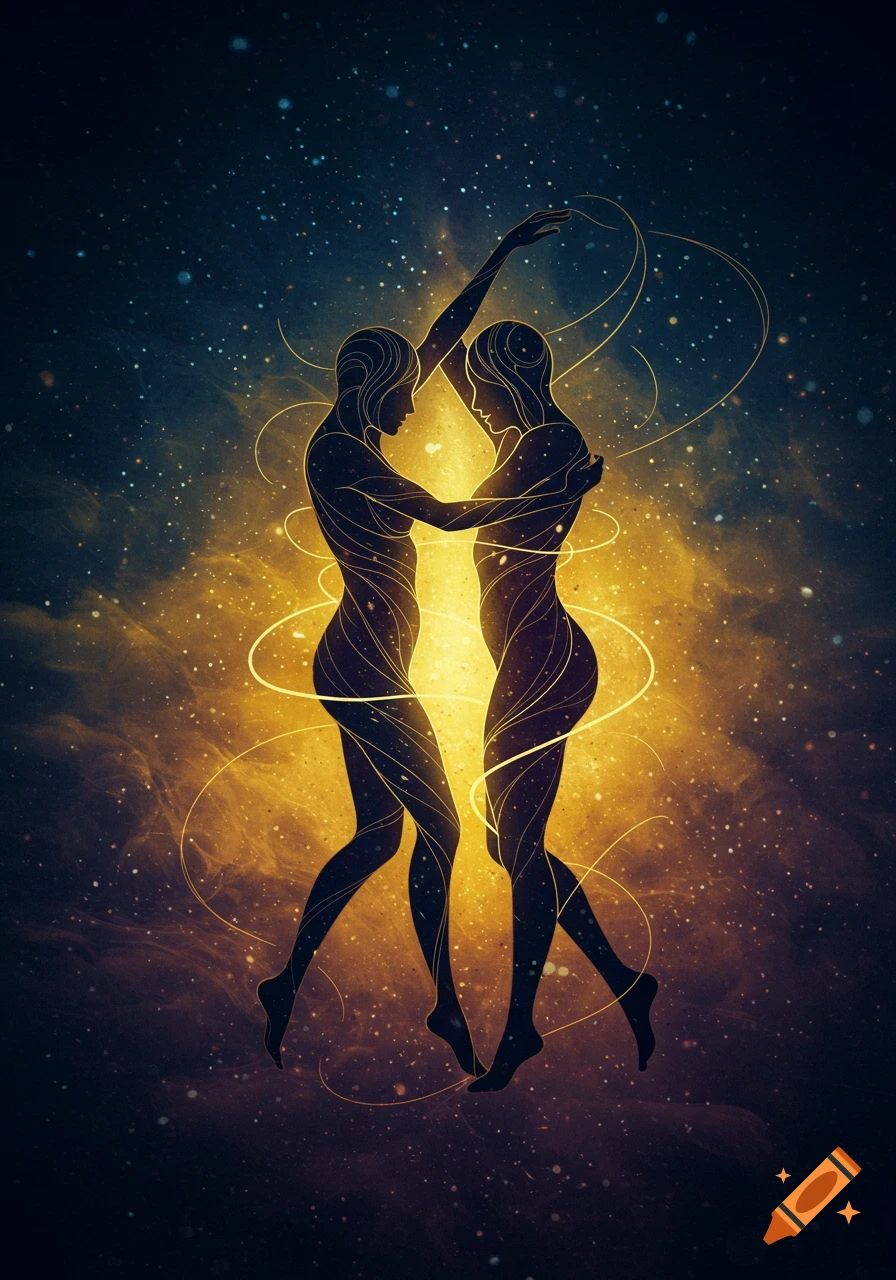 Two silhouetted figures embraced, outlined by glowing golden lines against a dark, starry, cosmic background.