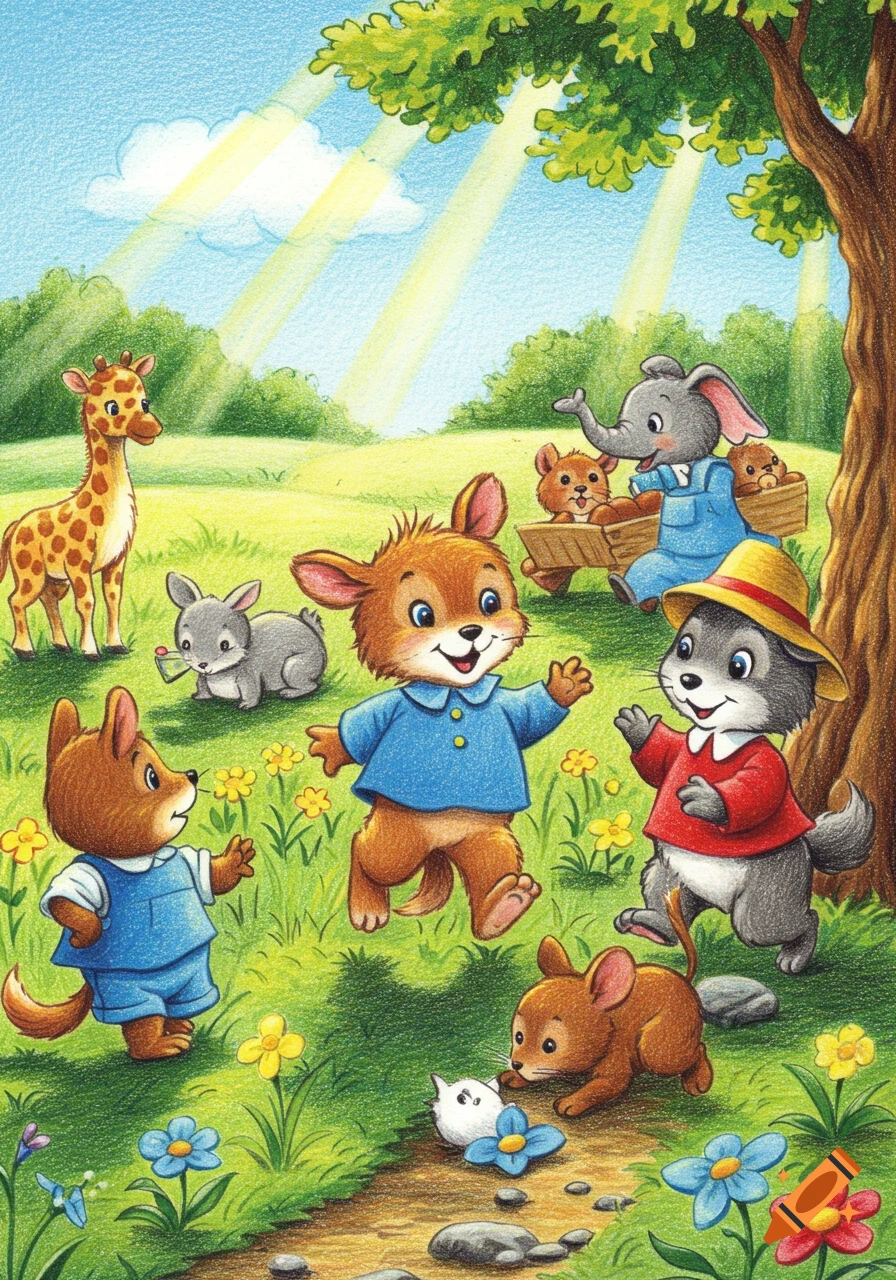 Sunny colored pencil illustration of cute cartoon animals like a giraffe, rabbits, and fox-like creatures playing in a grassy meadow.