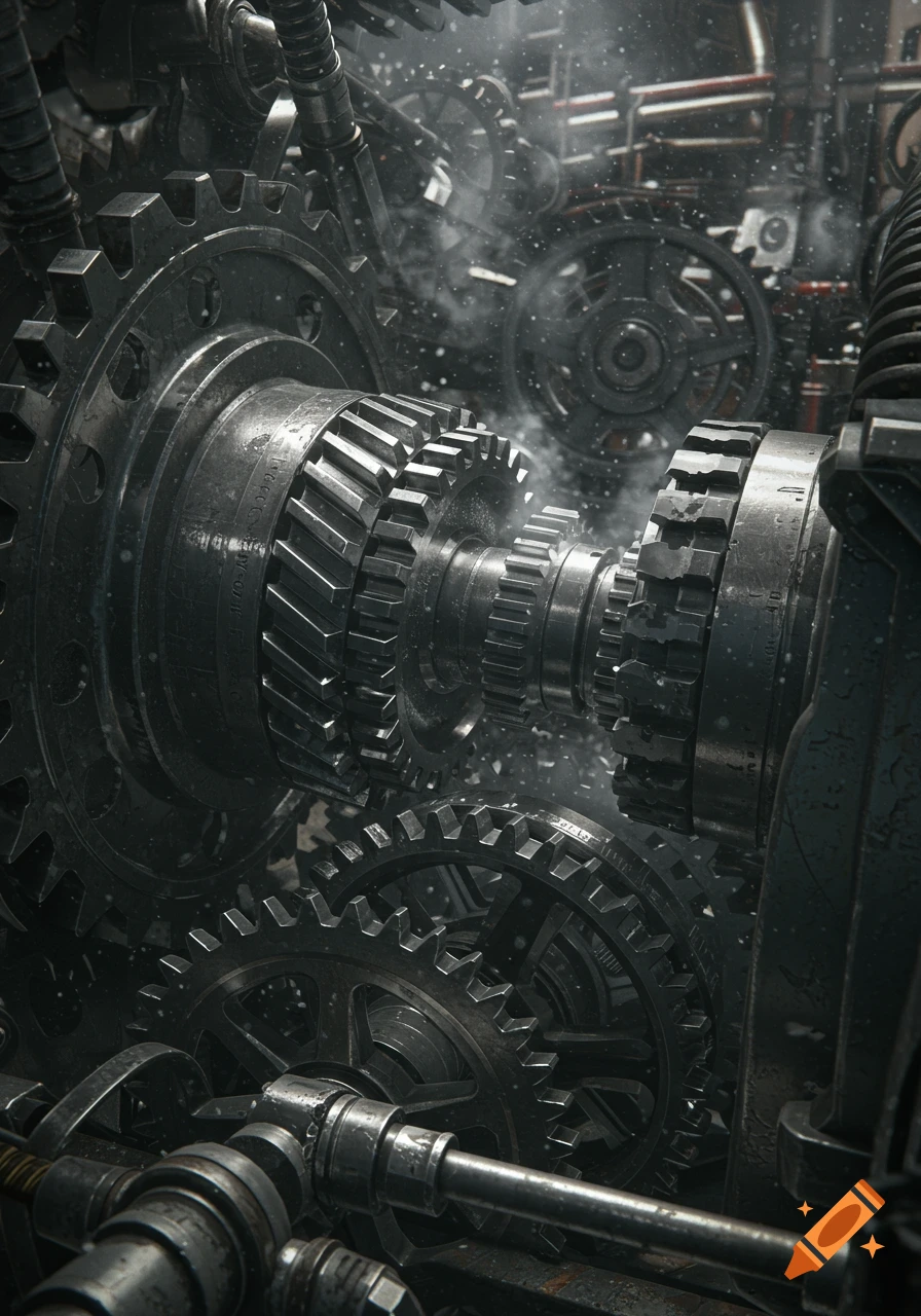 A close-up, photorealistic view of intricate metal gears, shafts, and pipes of an industrial machine, with a smoky atmosphere.