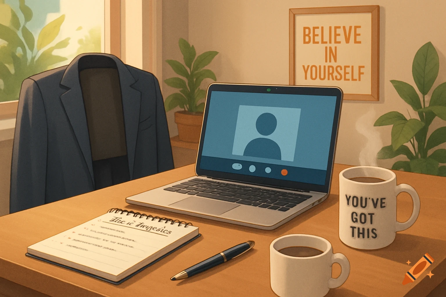An illustration of a desk with a laptop displaying a video call, a notepad with illegible writing, a pen, and two coffee mugs, one saying "YOU'VE GOT THIS". A framed sign on the wall behind says "BELIEVE IN YOURSELF". A suit jacket hangs on a chair to the left, and plants are visible.