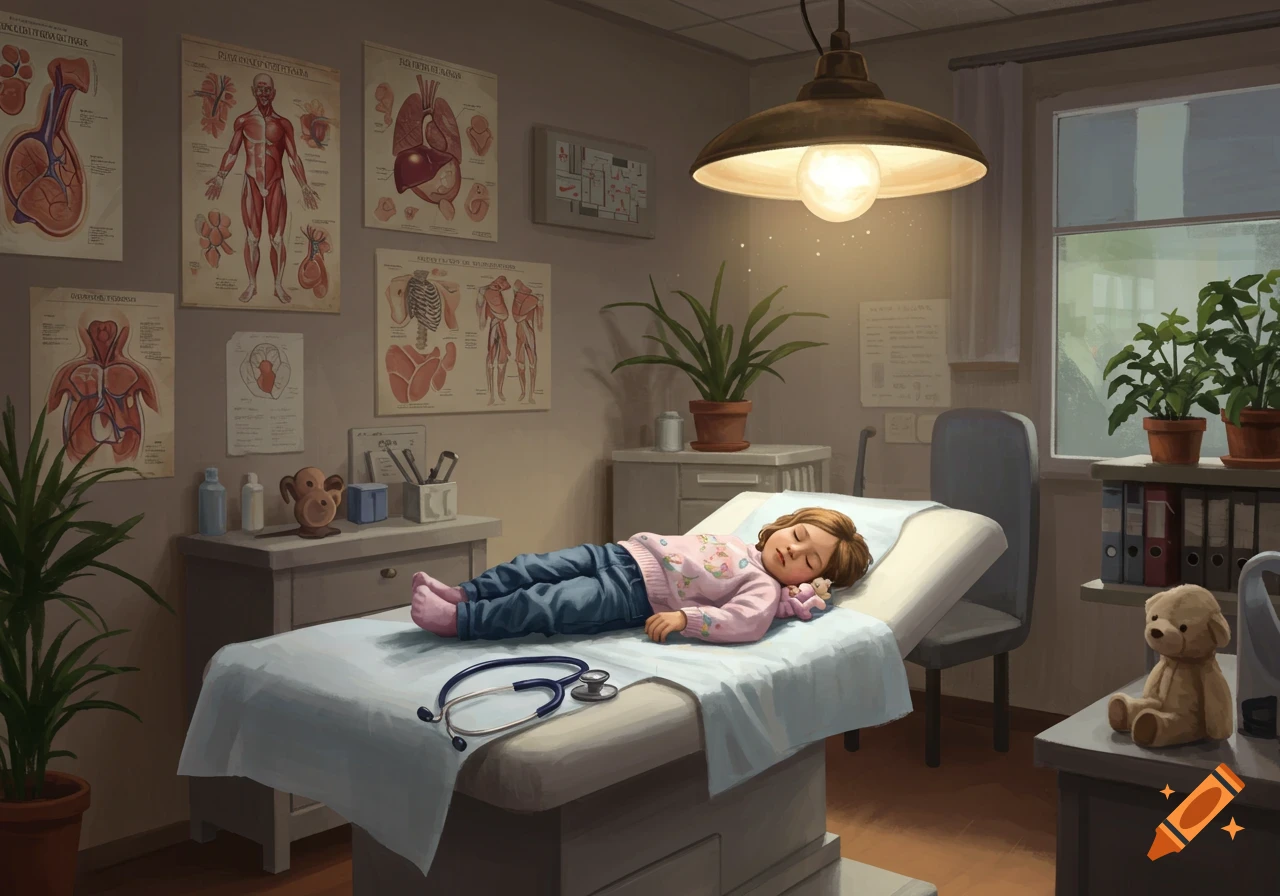 Illustrative image of a child sleeping on a medical examination table in a doctor's office, stethoscope on the bed.