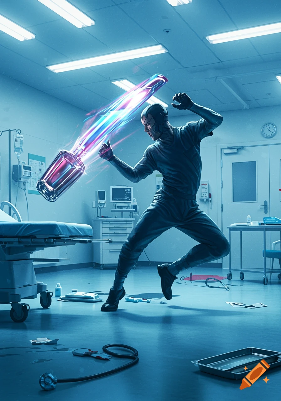 A man in a hospital scrubs-like outfit, wearing a dark cap, dynamically interacts with a large, glowing, stylized vial or bottle in a futuristic hospital room.