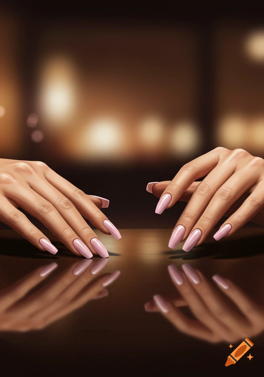 Two well-manicured hands with long pink nails rest on a dark, reflective surface, with soft, blurred lights in the background.