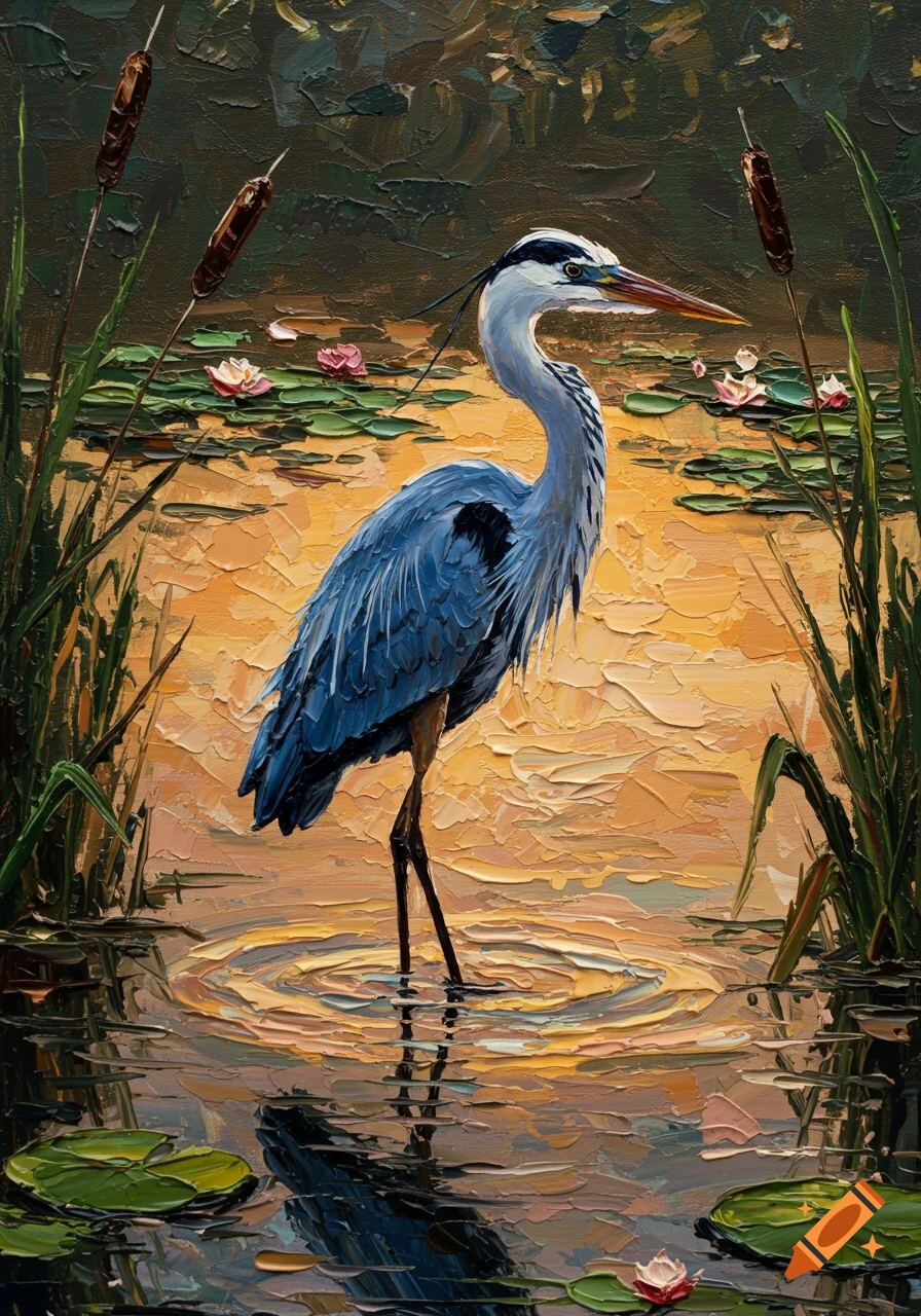 An impasto oil painting depicts a blue heron standing in a pond with lily pads and cattails, reflecting an orange sunset.