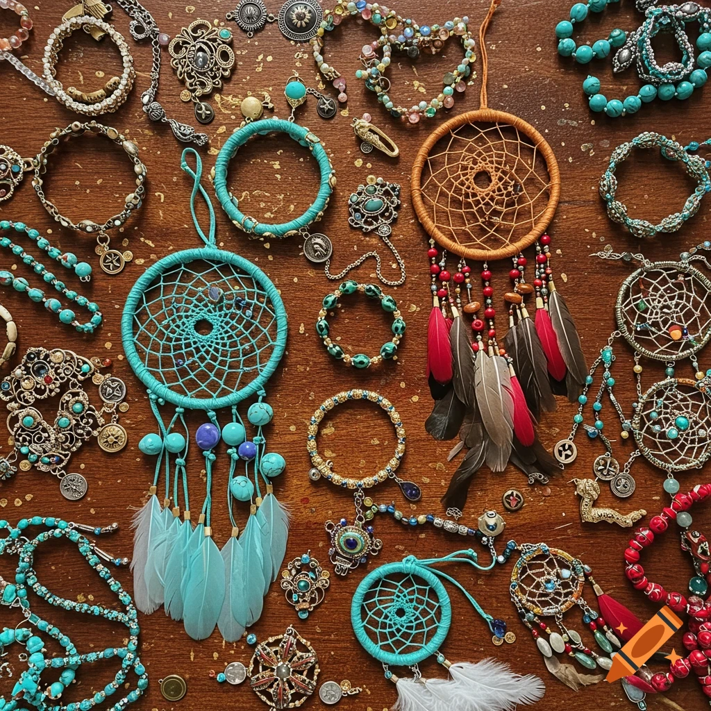 An overhead view of a wooden table covered with an assortment of turquoise, red, and silver jewelry and dreamcatchers.